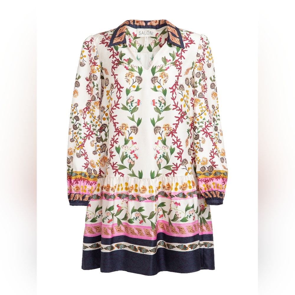 0 Saloni Jas Sea Fauna Shell Coastal Floral Print Silk Tunic Dress